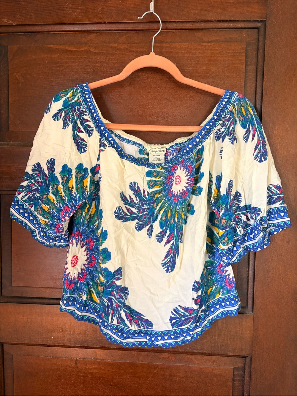 Flying Tomato Cream Peasant Top with Blue & Teal Floral Embroidery